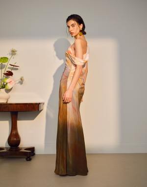 Topshop drape neck off shoulder midi occasion dress in pastel ombre