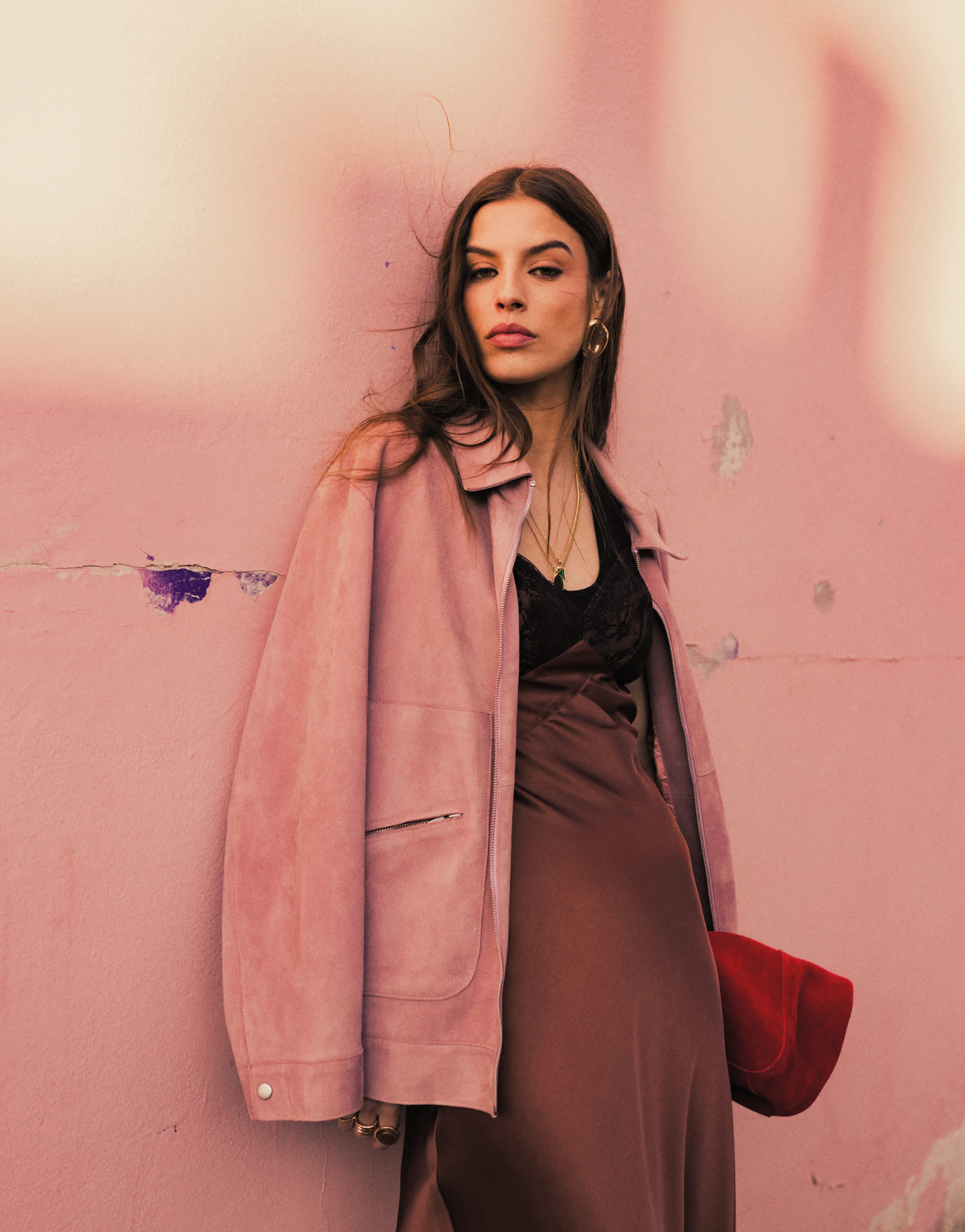 Topshop co-ord premium real suede jacket with seam detail in pink